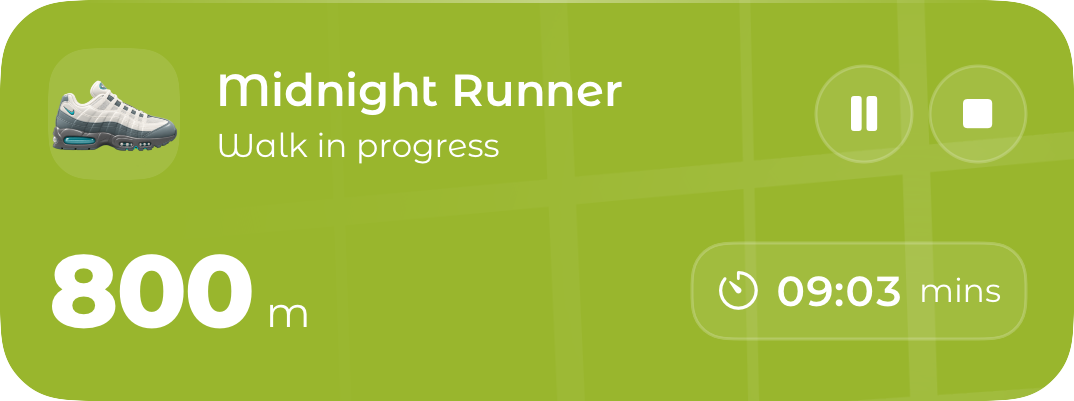 Stride Live Activity on the Lock Screen: Midnight Runner, walk in progress
