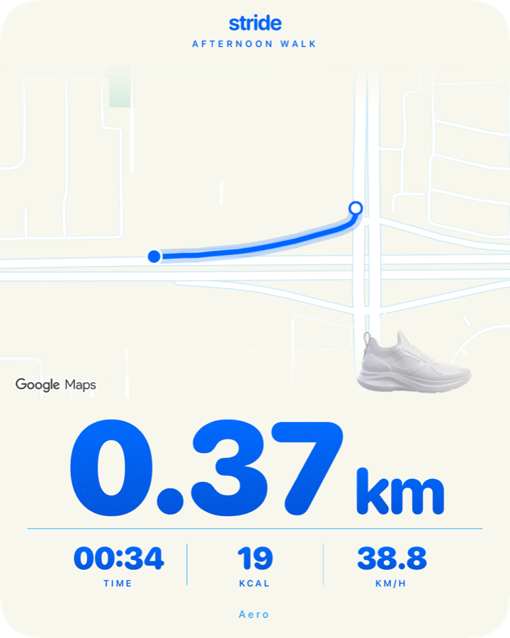 Stride share card in blue with route map and 0.37 km afternoon walk stats