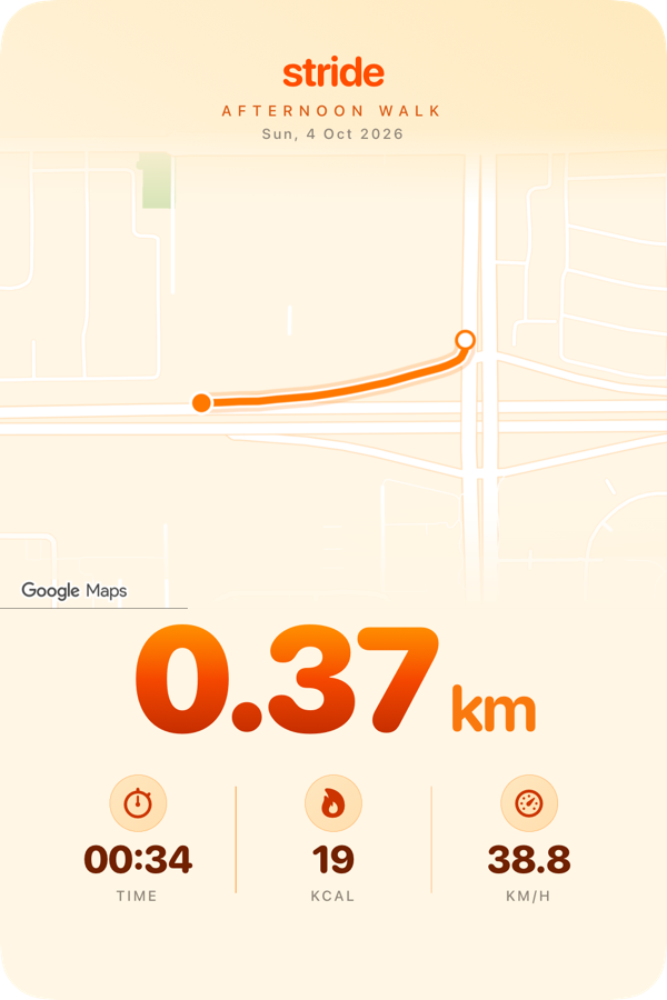 Stride share card in orange with route map, distance, time, calories and speed