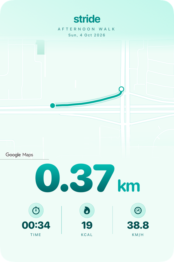Stride share card in turquoise with route map, distance, time, calories and speed