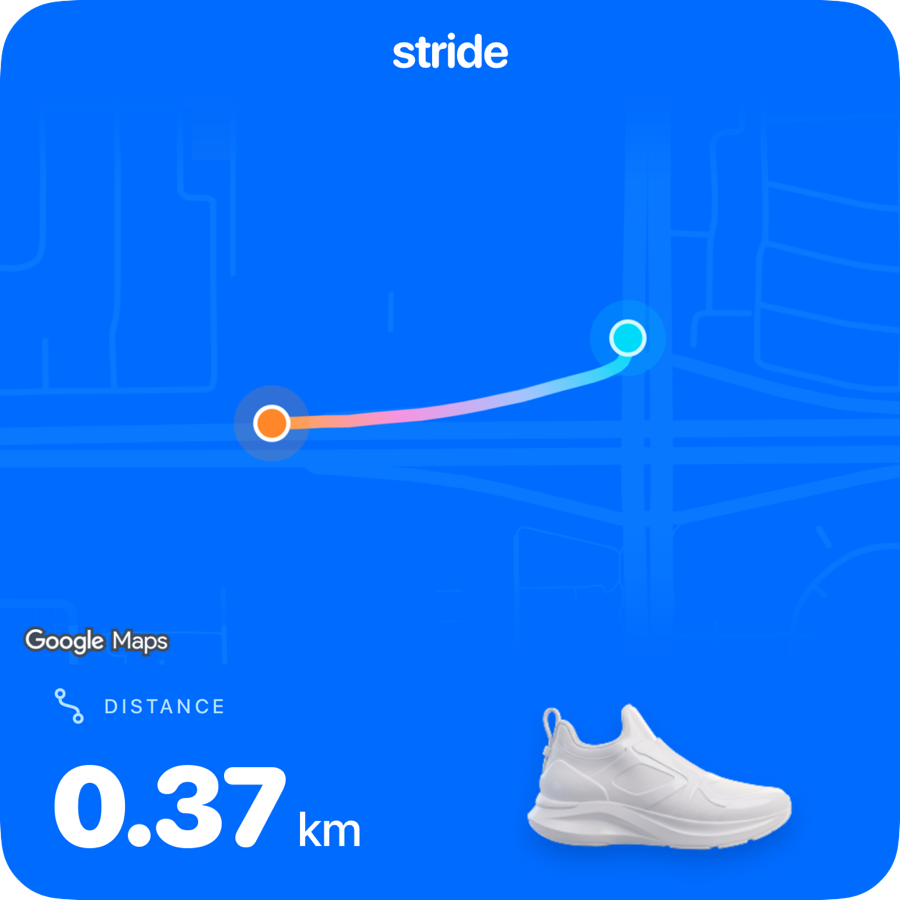 Stride share card in bold blue with a gradient route and shoe