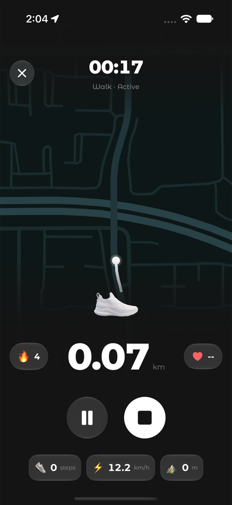 Stride recording a walk with live distance, time and route map