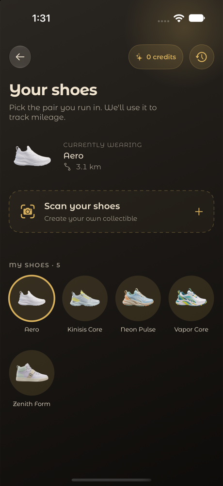 Stride Your shoes screen showing the shoe collection and current mileage